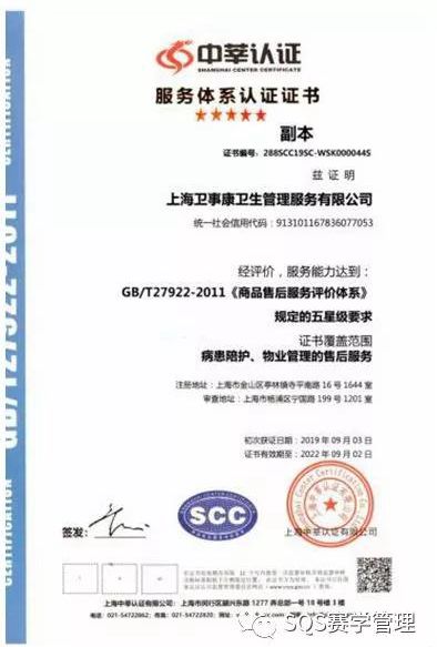 五星售后服務認證證書